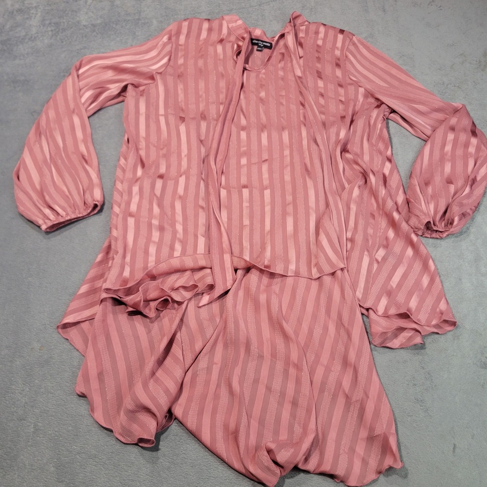 Chacha Vente Blouse Womens Large Pink Stripe Tie Neck Lurex Handkerchief Hem Top